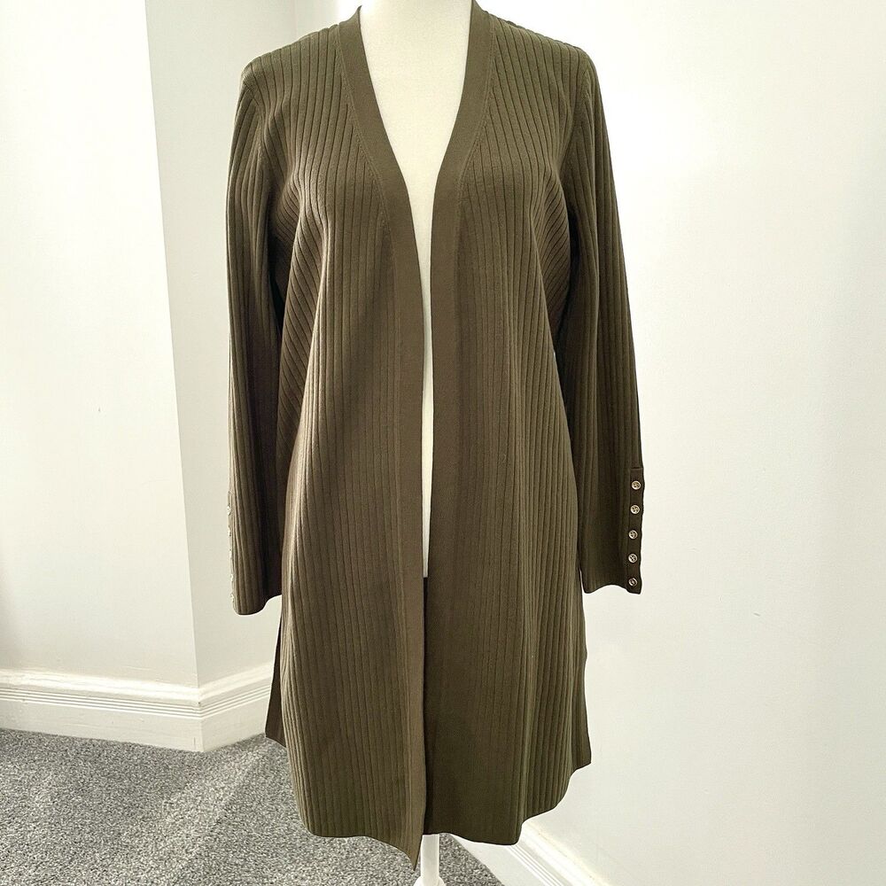 Talbots Ribbed Duster Cardigan Sweater Size Large Petite Open Front Green NEW
